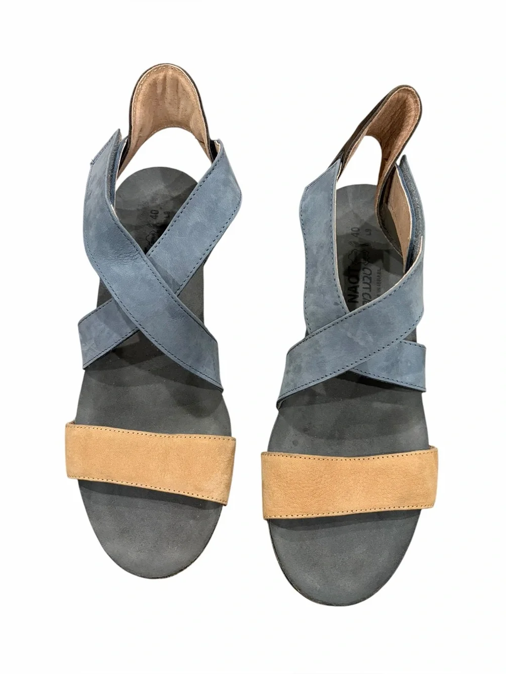 Naot Vixen Suede Leather Low Wedge Sandals Nude Feather Blue ab size 40 US9-9.5